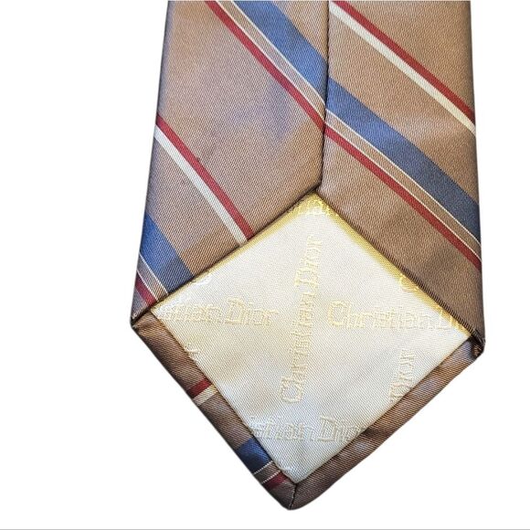 Christian Dior Men's Tan Striped 100% Silk Tie OS - Picture 2 of 5
